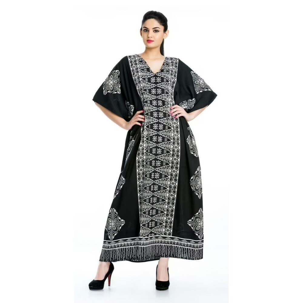 Gypsie Blu Caftan Dress Women Plus Black White Floral Print Tunic Beach Lounger